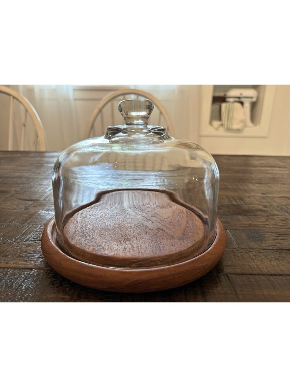 Vintage Good Wood Teak Cheese Board / Cake Stand w/Glass Cloche Dome Mid-Century